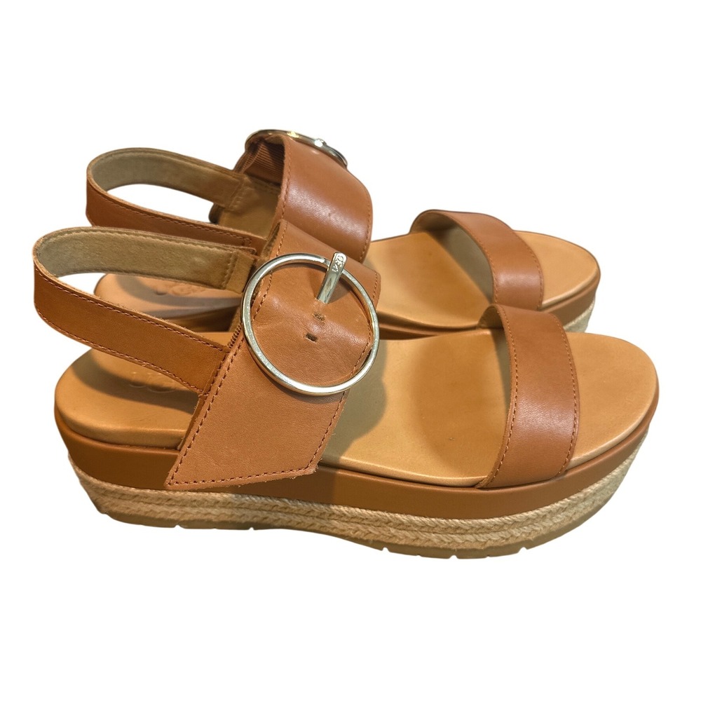 UGG W April Platform Espadrille Leather Sandals Tan Women's Size 8 Coastal